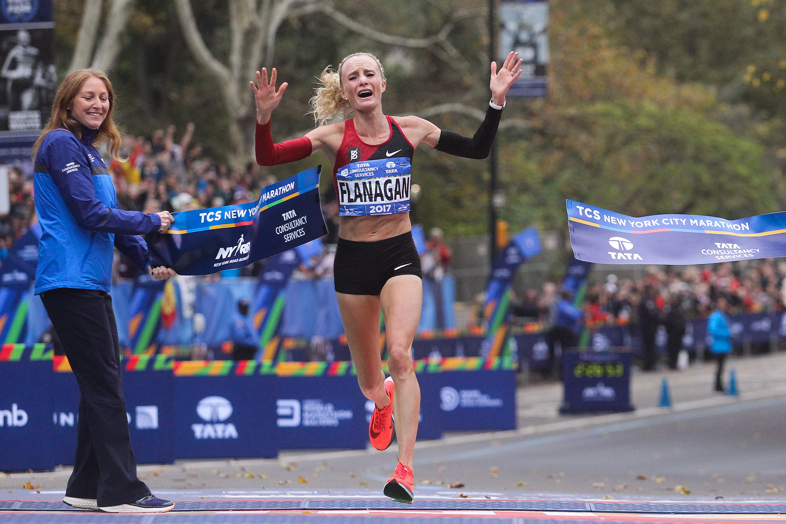 Shalane Flanagan winning the 2017 New York City Marathon